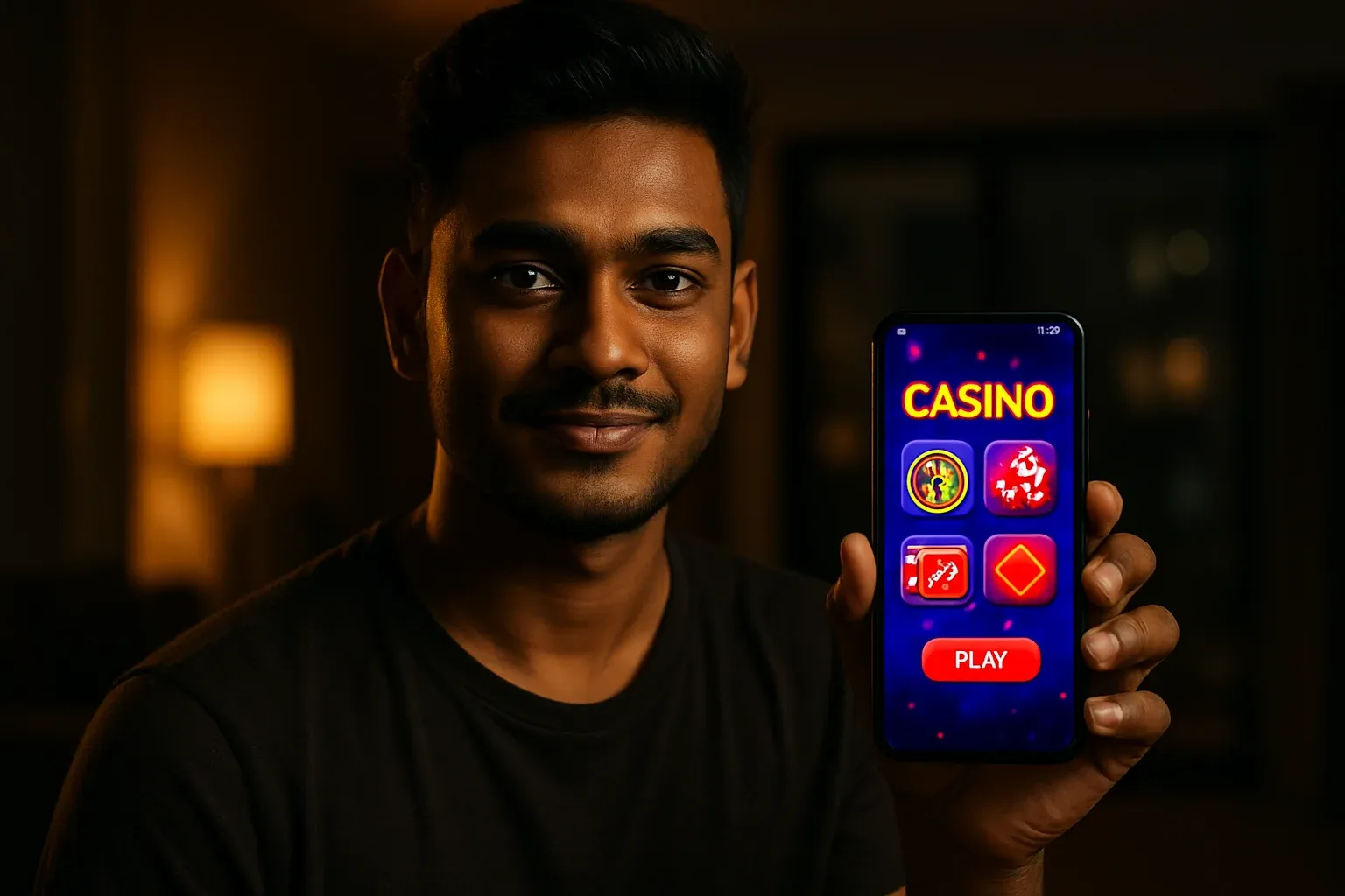 Young Bangladeshi man smiling and showing colorful mobile casino app