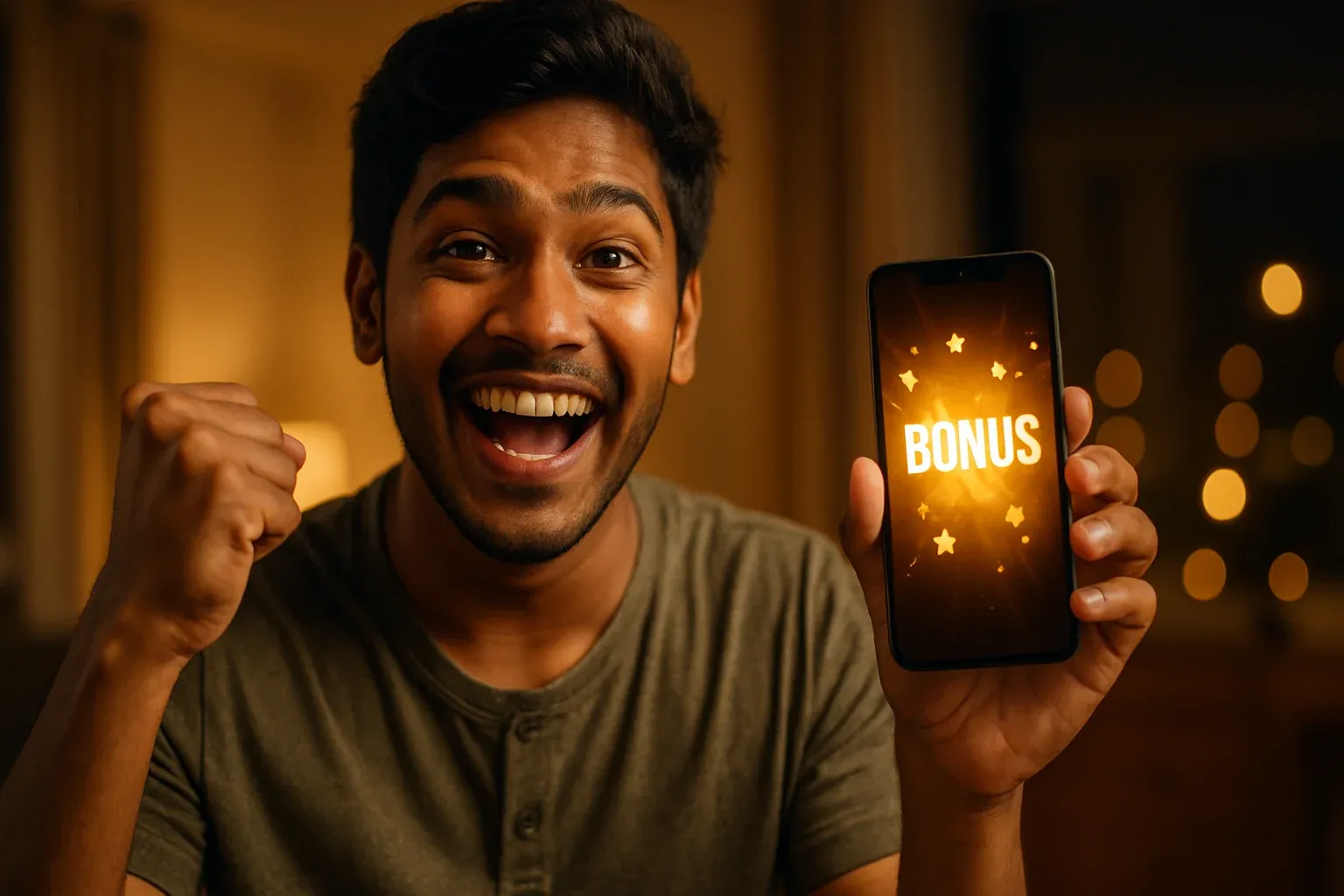 Joyful Bangladeshi man holding smartphone with glowing bonus notification screen