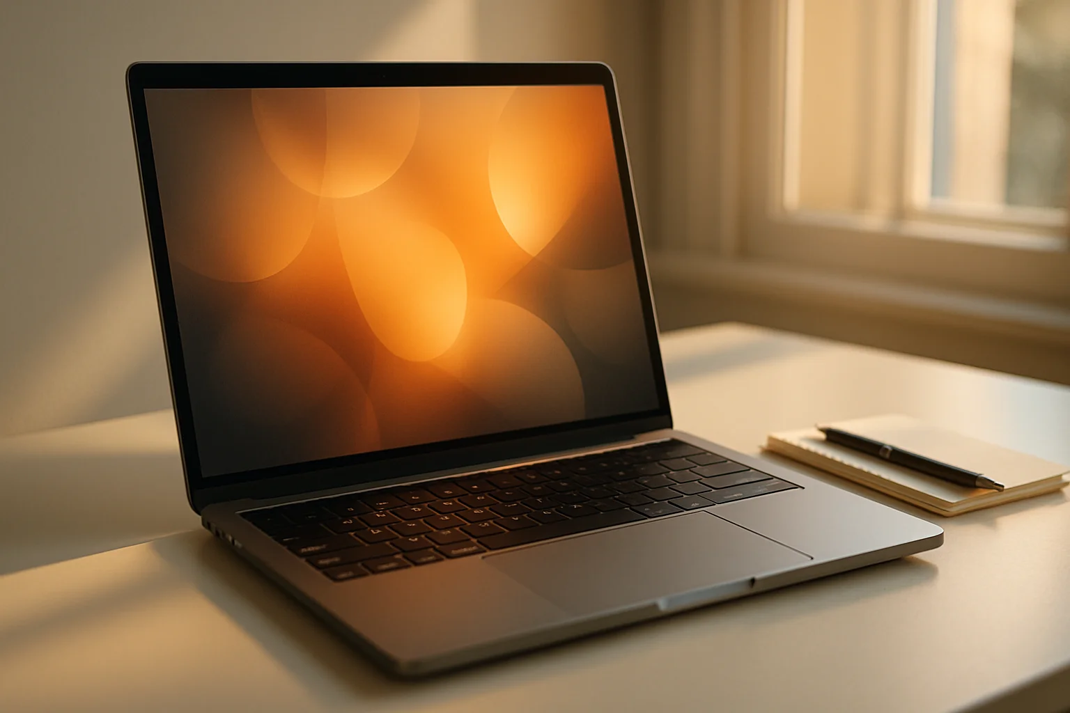 Modern laptop on white desk with pen and notepad