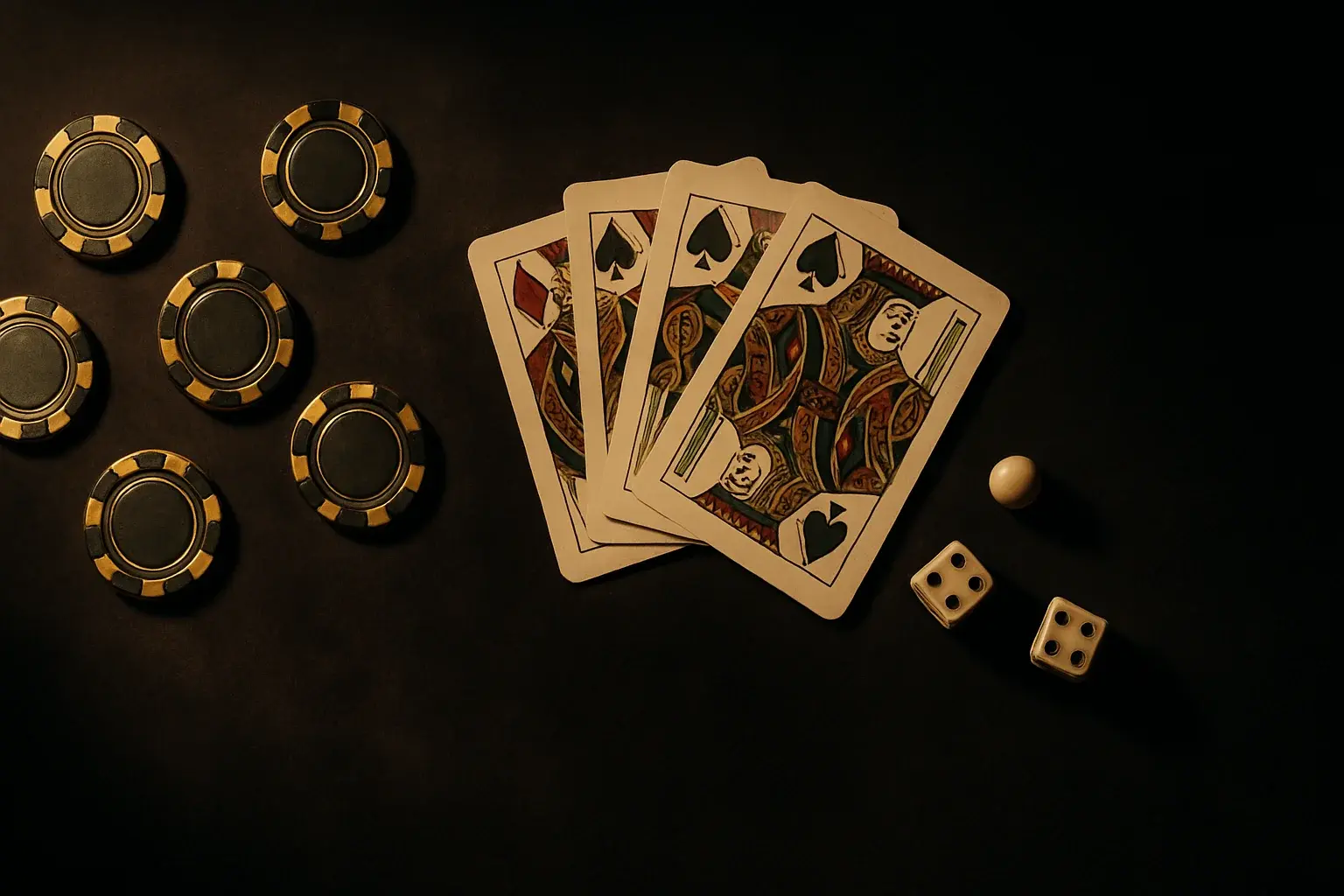 Top-down casino scene with golden chips, cards, dice, and roulette ball