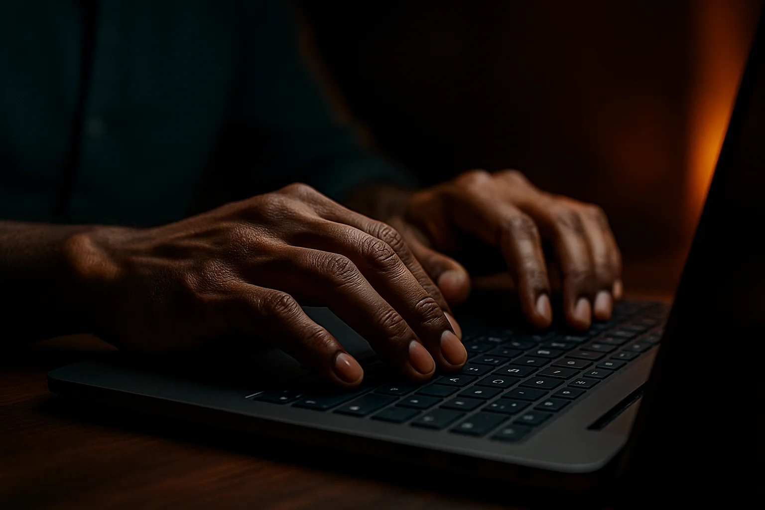 Bangladeshi man's hands typing on modern laptop keyboard in dramatic lighting