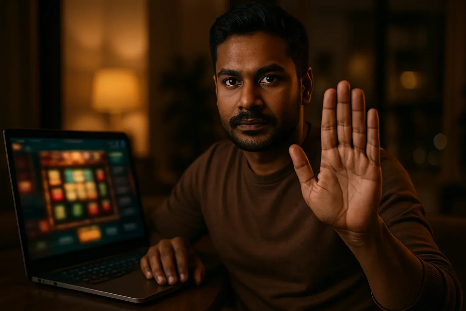 Bangladeshi man making stop gesture near laptop for responsible gambling awareness