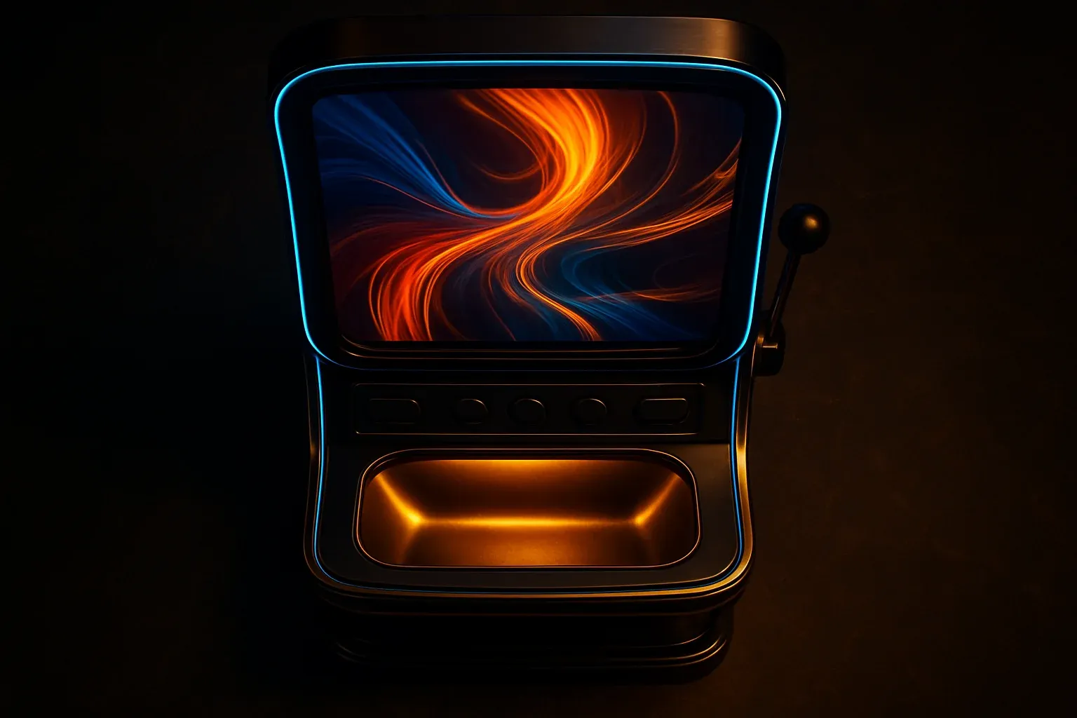 Hyperrealistic premium slot machine in dark luxury setting with neon lighting